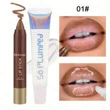 A Duo Of Moisturizing Matte Lip Liner And Glossy Lip Oil In A Light Brown Shade, Featuring A Soft Fog Waterproof Formula That Doesn'T Transfer. Suitable For All Skin Types And Comes In Pencil Form, Making It An Ideal Gift. - 01 - Xem 6