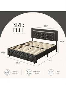 Twin/ Full/ Queen/ King Size Bed Frame, Upholstered Bed Frame With Diamond Headboard And Footboard, Pearl White/ Beige/ Black/ Grey/ Pink/ Purple/ Green - 黑色 - 查看 8