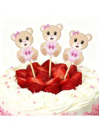 100支粉色泰迪熊卡片水果棒蛋糕棒一次性竹签烧烤甜点蛋糕水果托盘派对装饰棒水果插签
