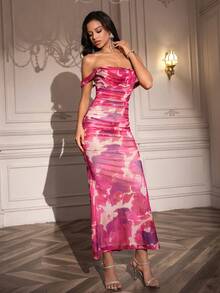 PARTHEA Vestido largo ajustado con volantes y bajo de cola de sirena con hombros descubiertos - Rosa Roja - Ver 9