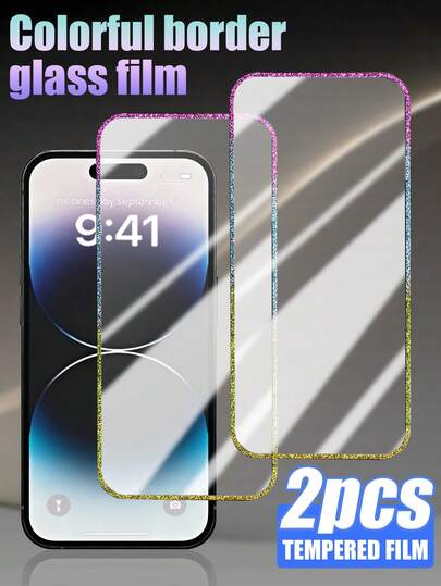 [2-Pack] Protecteur d'écran, film en verre trempé haute définition à bord pailleté coloré, design personnalisé, sans danger pour les yeux, ultra-clair, compatible avec tous les étuis de protection, anti-rayures, anti-chocs, pleine couverture, installation facile, compatible avec IPhone6/7/8/X/XR/11/12/13/13mini/13pro/13promax/14/14plus/14promax/15/15plus/15pro/15promax/16/16plus/16pro/16promax/17/17plus/17pro/17promax/17e