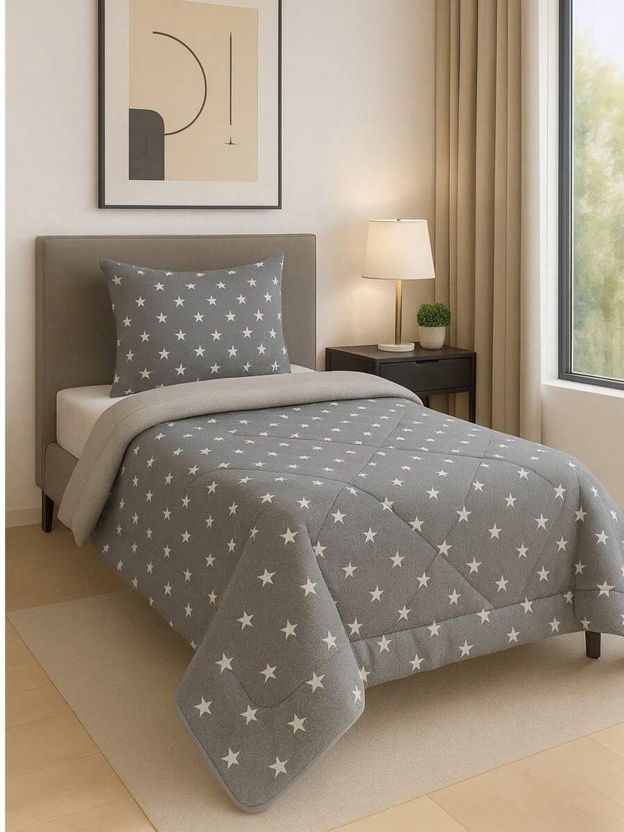 Single Size Quilt Set With 100% Cotton Fabric & Silicon Fiber Filling – 155x215 Cm Quilt + 1 Pillowcase 50x70 Cm – No Bedsheet Included – MADE IN TURKEY - Dark Grey - View 1