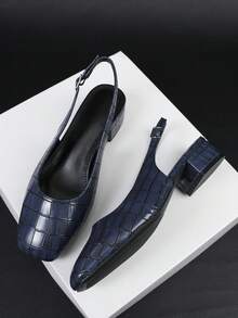 时尚舒适的石纹粗跟鞋，简约小方跟，百搭优雅 - 藍色 - 查看 17