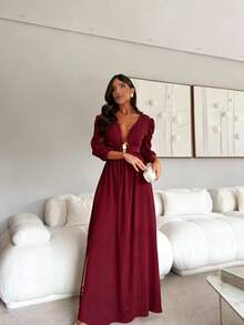Women's Chiffon Dress With A V-Neck, Lining, Rings, And Cords At The Back. - Burgundy - View 2