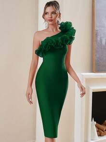 One-Shoulder Ruffle Slit Bandage Bodycon Cocktail Dress, Suitable For Cocktail Party - Green - View 6
