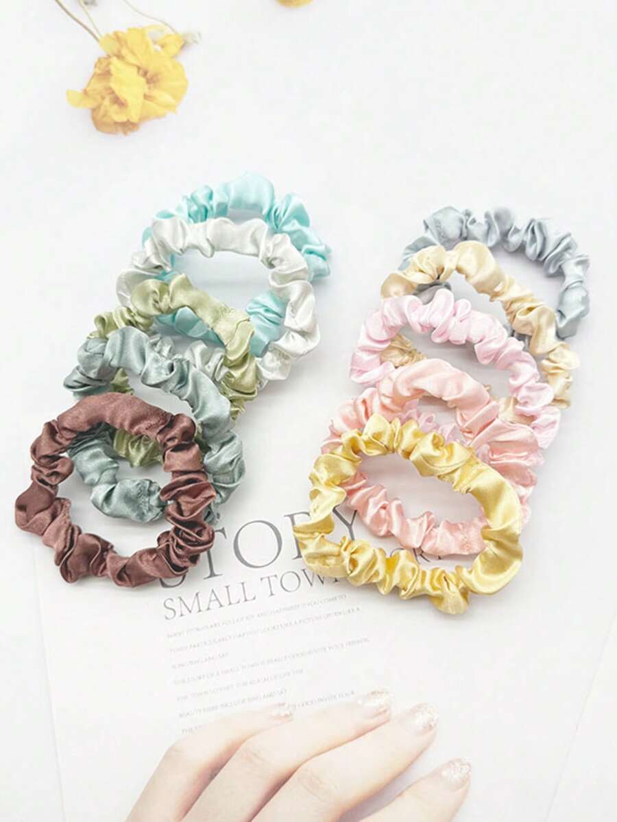 10pcs Dark Color Satin Small Hair Scrunchies, Satin Texture Hair Ties, Versatile Ponytail Holders, Women Daily Hair Accessories ,Scrunchy Head Accessories