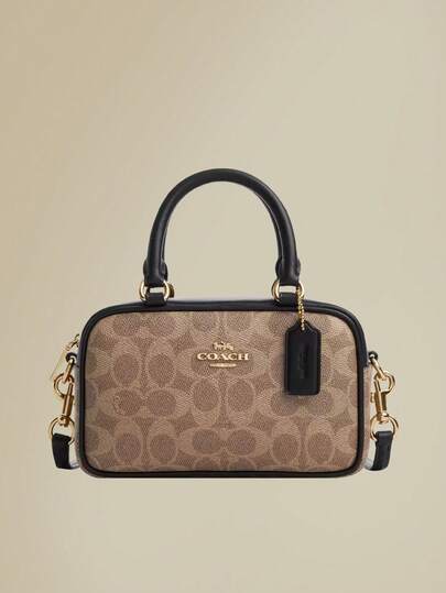  COACH Satchel 18 CW197 IMQRX 优雅女士手提包，饰有品牌标志，拉链开合，涂层帆布材质，两种携带方式（肩背和斜挎），小号卡其色，经典百搭，是度假、通勤和休闲时尚的理想之选。