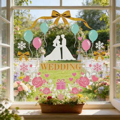 45x45厘米高级婚礼窗贴，采用双重印刷和喷砂技术打造独特纹理，无需胶水即可重复使用，静电吸附，防水防褪色PVC窗贴，非常适合欧美风格的婚礼招待会、新娘送礼会和场地装饰。