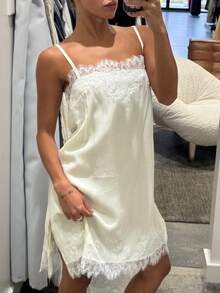 Parte superior de camiseta con ribete de encaje de seda, vestido de tirantes finos de seda tipo camisón Y2K, camisola sin espalda para salir Y2K - Blanco - Ver 2