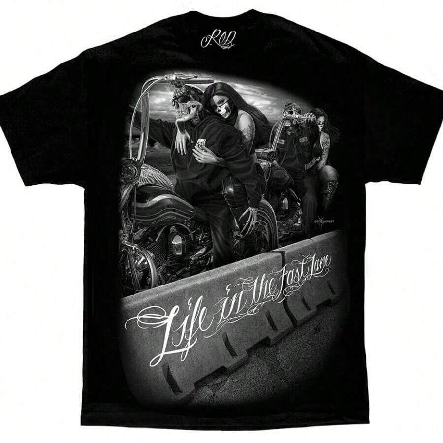 DGA David Gonzales Art Ride Or Die Fast Lane Motorcycles Bikers Skulls T Shirt - màu đen - Xem 1