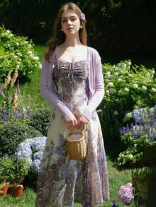 女士夏季波西米亚度假风印花褶皱打结吊带连衣裙 - 紫色 - 查看 4