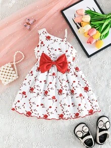 Summer Baby Girl Cute Floral Print Bow Decor Strap Dress - Red - View 1