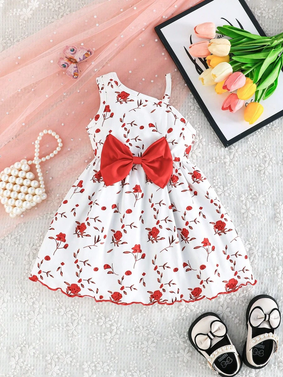 Summer Baby Girl Cute Floral Print Bow Decor Strap Dress - Red - View 1