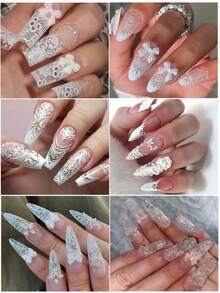 10片白色蕾丝花朵美甲贴纸，尺寸20x4厘米，浪漫蕾丝设计，全覆盖星空图案，优雅情人节礼物，美甲用品，婚礼新娘及伴娘美甲装饰 - 白色 - 查看 3