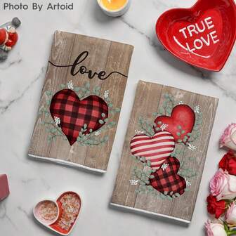 Artoid Mode 2pcs Wooden Heart Pattern Kitchen Towel/Dish Cloth, Size 18x26 Inch, Farmhouse Style Wedding Anniversary Decorative Hand Towel