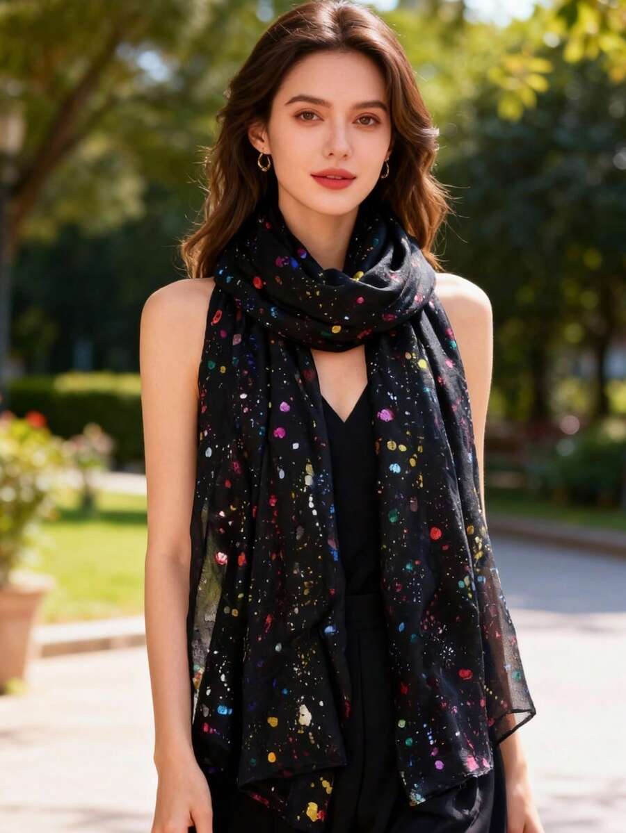 1 pezzo Sciarpa con stampa a effetto arcobaleno, per uso casual quotidiano - nero - Visualizzare 1