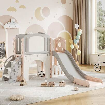 Juego de Actividades 8 en 1 para Niños Pequeños, Interior y Exterior, con Escalador, Aro de Baloncesto, Telescopio, Túnel y Espacio de Almacenamiento, Ideal para Diversión en el Patio