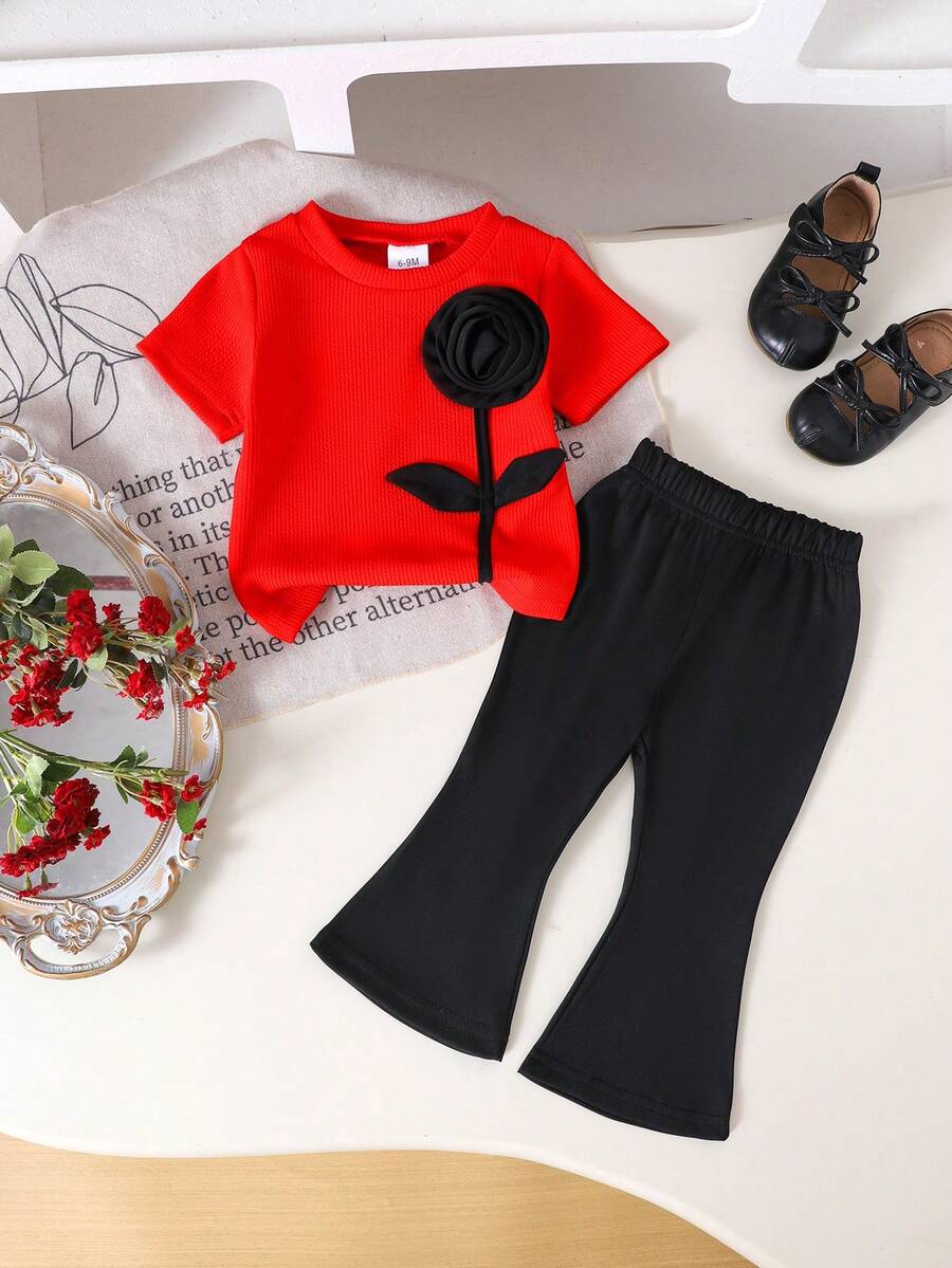 2件套女婴可爱红色短袖T恤+黑色裤子套装，春夏款 - 紅色 - 查看 1