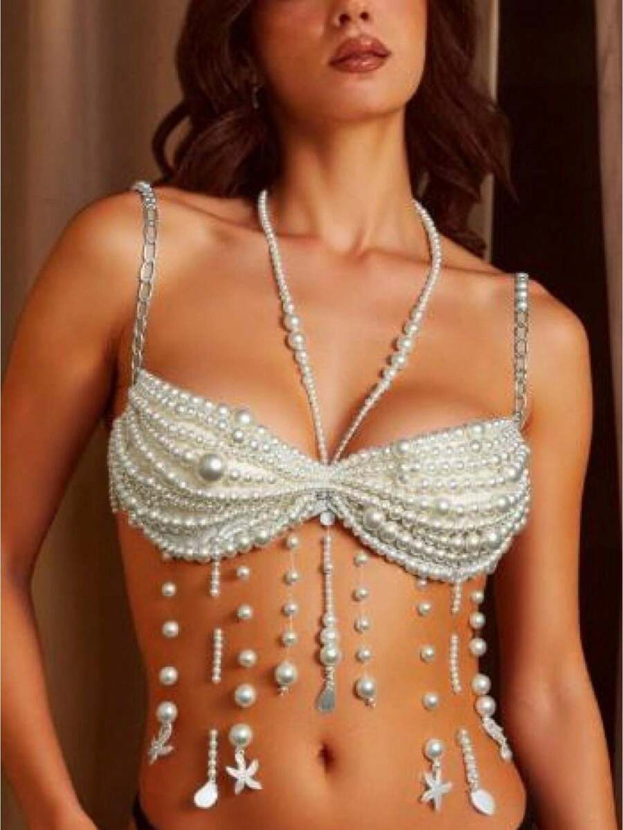 Women's White Strapless Pearl Chain Halter Cami Top - Adjustable Lobster Clasp Design, Stylish Bralette Vest For Daily Wear, Party Vacation One Size - 白色 - 查看 1