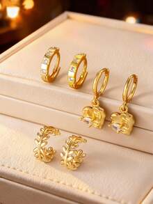 Conjunto de 6 brincos de coração e trigo em cobre banhado a ouro 18K com zircônias artificiais, perfeitos para uso diário e como presente para amigas em datas comemorativas e aniversários. - Ouro amarelo - Ver 2