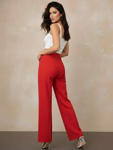 Pantalón cintura alta mujer dama estilo formal vestir minimalista elegante ideal oficina uso cotidiano versátil cómodo apto todas las estaciones fiesta evento cena salida - Rojo - Ver 4