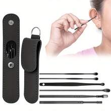 6-Piece Ear Wax Cleaning Kit - Earwax Removal Tool, Portable Ear Pick Cleaning Tool With Storage Leather Case, Reusable Spiral Cleaner, Tapered Tool| Household Daily Ear Care Tools| Black/Yellow/Pink/Green - Black - View 10