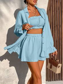 AIJ Amarilo Women's Summer Vacation Solid Color Textured Fabric Ruffle Hem Top, Bandeau And Shorts 3-Piece Set, Minimalist Everyday Wear Spring Elegant - Sky Blue - View 4