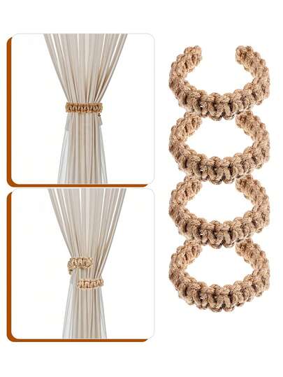 4pcs Twisted Rope Curtain Tie Backs, Woven Outdoor Curtain Tiebacks, Rustic Style Curtain Fasteners, Ties, Ropes, Living Room Decor, Home Decor Accessories, Suitable For Valentine's Day, Wedding, Birthday, Bedroom Curtains, Boho Room Decor, Autumn, Christmas