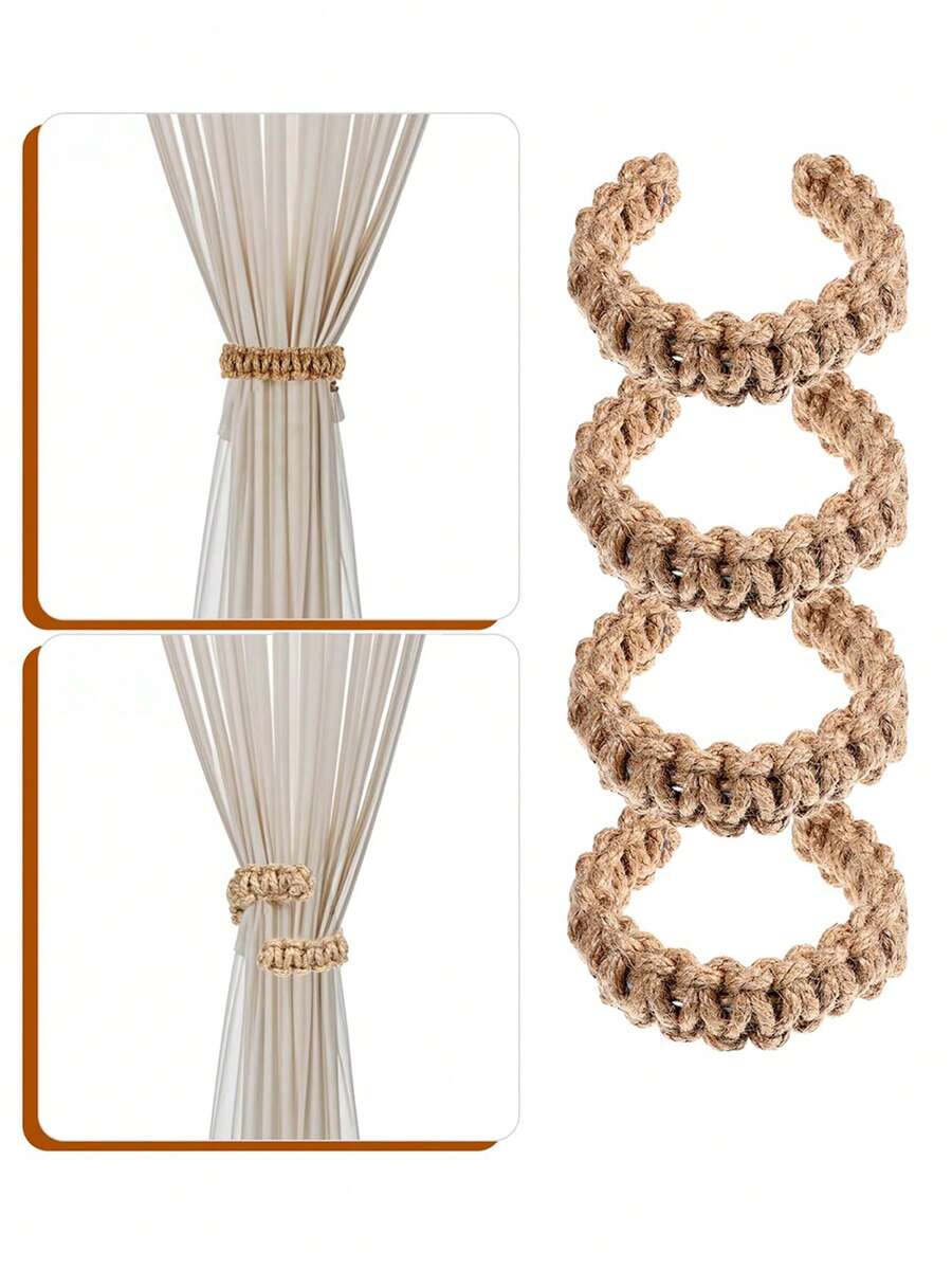 4pcs Twisted Rope Curtain Tie Backs, Woven Outdoor Curtain Tiebacks, Rustic Style Curtain Fasteners, Ties, Ropes, Living Room Decor, Home Decor Accessories, Suitable For Valentine's Day, Wedding, Birthday, Bedroom Curtains, Boho Room Decor, Autumn, Christmas - Brown - View 1