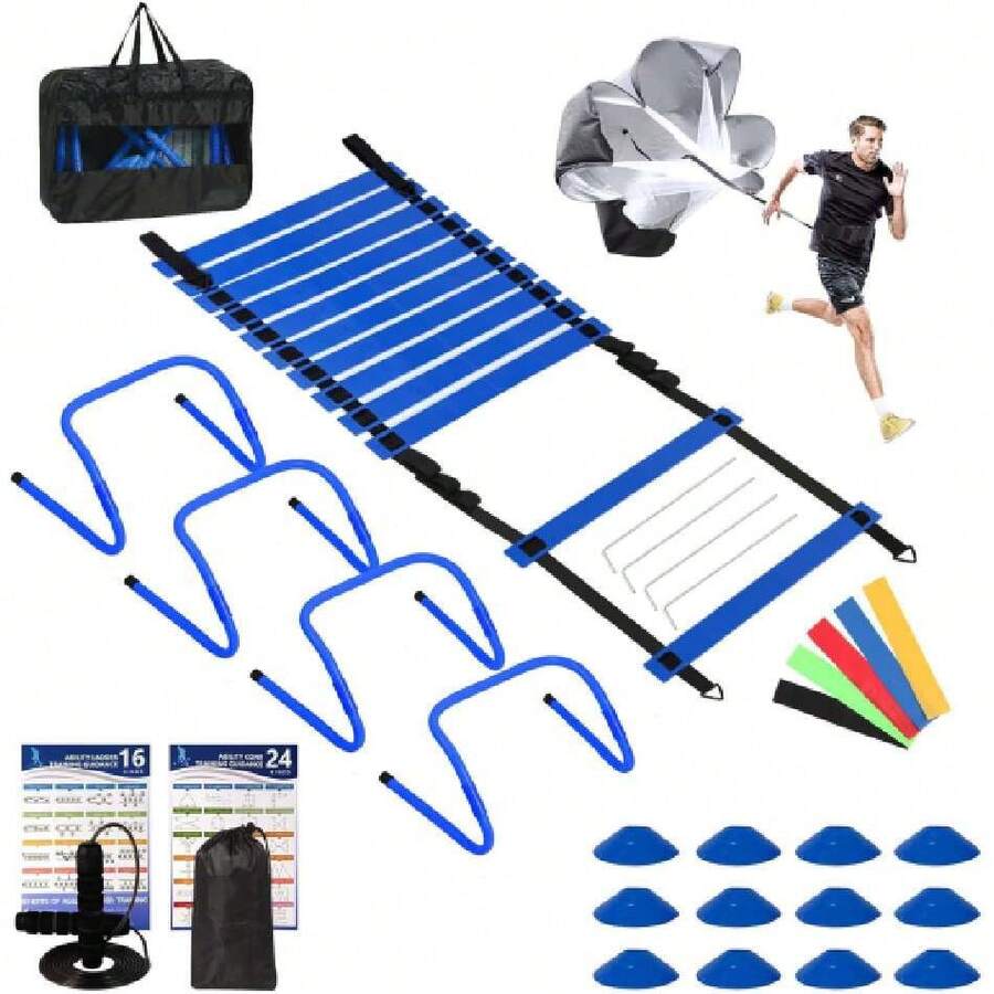 Agility Ladder, Agility Speed Training Set, 20ft 2 Rung Agility Ladder, 4 Agility Hurdles, 5 Resistance Bands, 2 Resistance Cones, Running Parachute, Jump Rope For Athletes, Adults,36835092 - Navy Blue - View 1