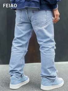 Casual Minimalist Distressed Washed Long Denim Jeans, Emo Style - Blue - View 2