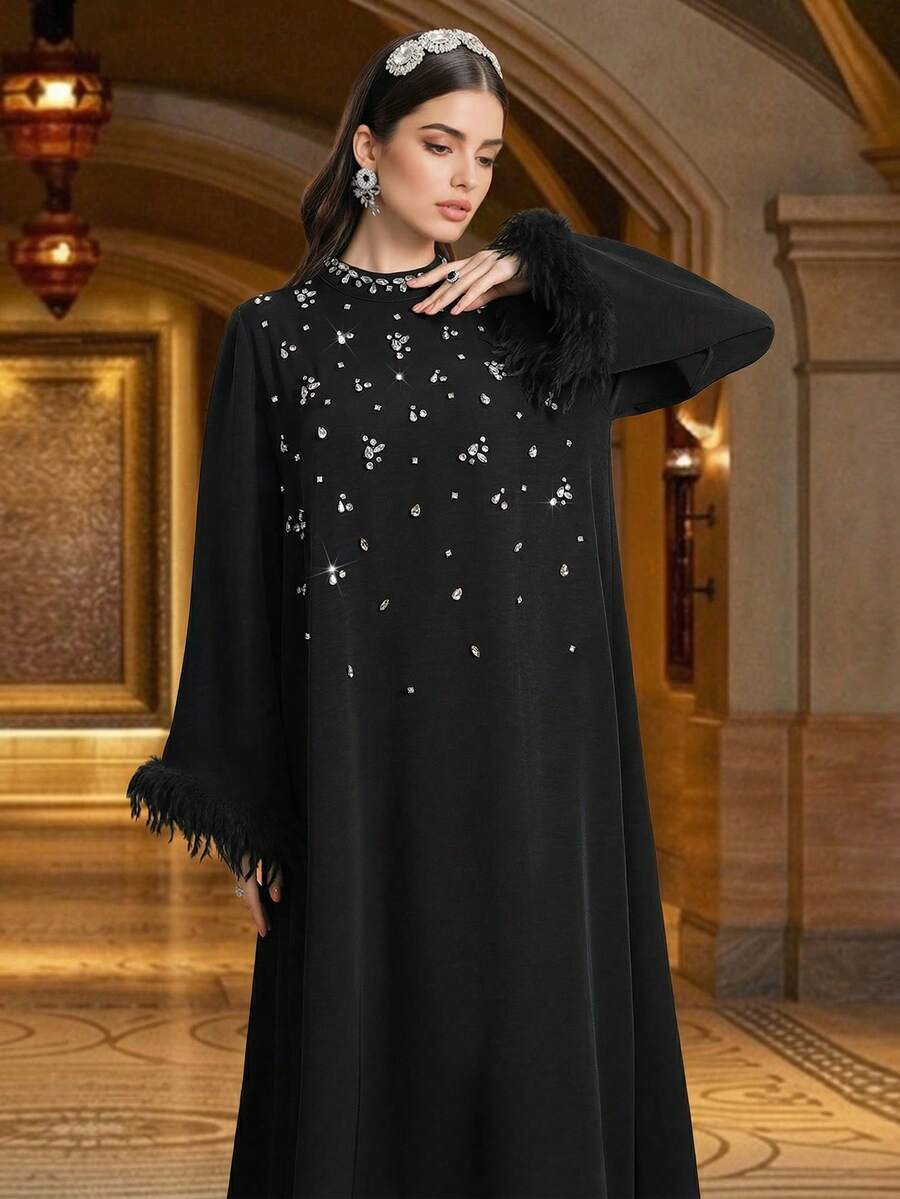 Vestido árabe de manga larga con puño de piel sintética elegante, cuello alto y unicolor, con cuentas hechas a mano, color negro, primavera