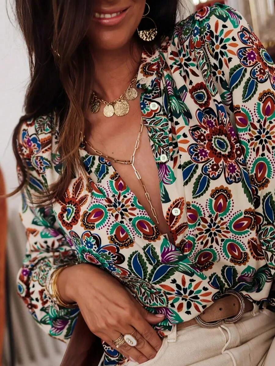 女士波西米亚风佩斯利印花长袖衬衫，多扣设计，敞领 - 活力四射的绿松石色、橙色、红色、蓝色、绿色、白色和黑色 - 适合所有季节的休闲至半正式场合 - 可机洗的优雅衬衫 - 彩色 - 查看 1