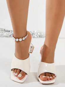 女士法式方头透明水晶不对称露趾凉鞋，夏季新款时尚简约米色绑带高跟凉鞋，适合情人节/办公室/商场/街头穿着 - 米色 - 查看 4