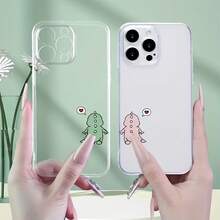 2 件装情侣恐龙爱心可爱图案透明全包防摔 TPU 简约手机保护壳，兼容 11/12/13/14/15/16/17 Pro Max、A5/54/53/52/51、S25/24/23/22/21 系列 - 彩色 - 查看 2