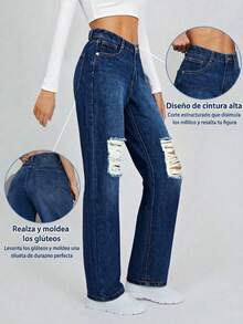 Pantalón Mujer Casual Straight Leg Washed Ripped Raw Hem Tela rígida Bolsillos Button Zipper Corte Recto Sin Estampado, atemporal uso  Diario - AZUL STONE FUERTE - Ver 2