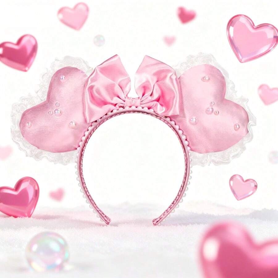 Wu Pistilure Fashionable Pearl Heart-Shaped Ear Headband, Lace Bow Hairband Headpiece, For Birthday Party, Valentine's Day, Costume Play, Women - Multicolor - View 1