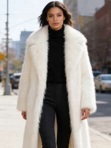 Women's Solid Color Long Toca Faux Fur Suit Collar Coat Long Sleeve Long Fluffy Collar Cardigan Jacket For Winter - White - View 4