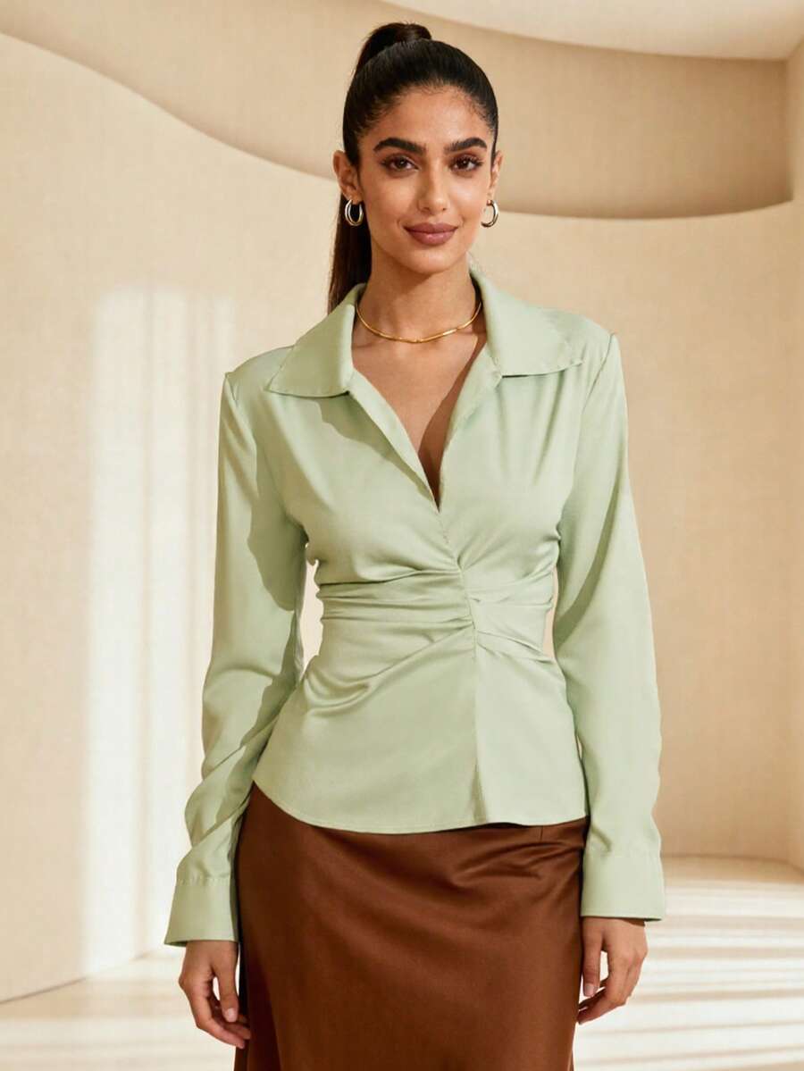 1 Solid Color Women's Shirt For Office Use In Spring And Summer - Mint Green - View 1