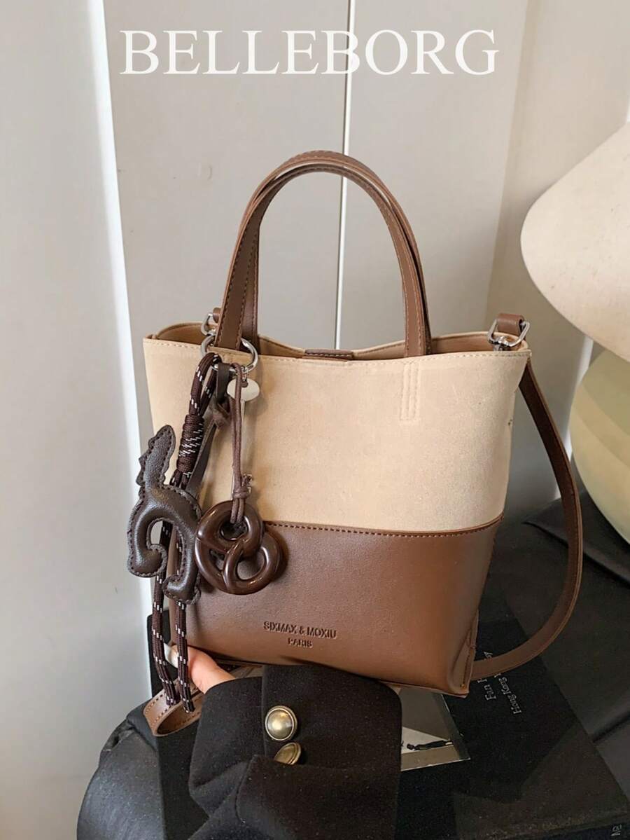 1pc Elegant Handbag With Pendant, Stylish Commuter Tote Bag For Women - Coffee - View 1