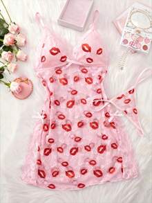 2件套女士性感红唇蕾丝透视紧身迷你吊带裙 - 粉色 - 查看 6