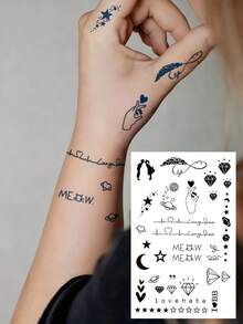 CAT QUEEN ART 6张/1张半永久纹身贴纸，小巧精致的Y2K元素，浪漫玫瑰、星星、月亮、小鸟、钻石、羽毛图案，临时假纹身贴纸，适合DIY嘉年华、情人节、派对礼物，可贴于手腕、脚踝、肩膀、脖子、锁骨等部位，可维持1-2周，不褪色、不反光、防水，逼真纹身贴纸。