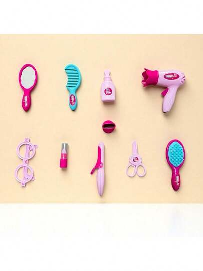 10件套女孩化妆玩具，互动换装化妆游戏套装，塑料材质，配件颜色随机