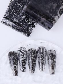 10片装黑色蕾丝美甲贴纸，尺寸20x4厘米，蕾丝花朵美甲设计，情人节黑色蕾丝花朵星空纸全包，DIY美甲装饰，女士和女孩美甲用品 - 黑色 - 查看 3