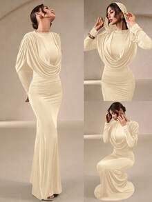 女士优雅杏色光滑亮泽修身长裙 - 采用垂褶领口、连帽设计和鱼尾裙摆，是伴娘、婚礼、下午茶、新年庆祝活动等春季场合的理想之选。 - 杏色 - 查看 8