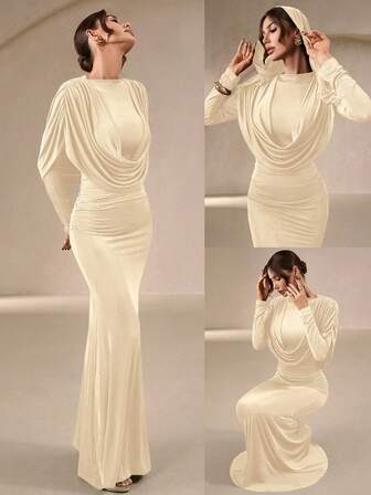 女士优雅绿色光滑亮泽修身长款连衣裙 - 垂褶领口、连帽设计、鱼尾裙摆，是伴娘、婚礼、下午茶、新年庆祝活动等的理想之选。