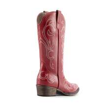 Botas de Vaquero para Mujer de Media Pantorrilla con Punta Cuadrada, Cowboy Boots para Dama con Tacón Grueso - Rojo - Ver 6