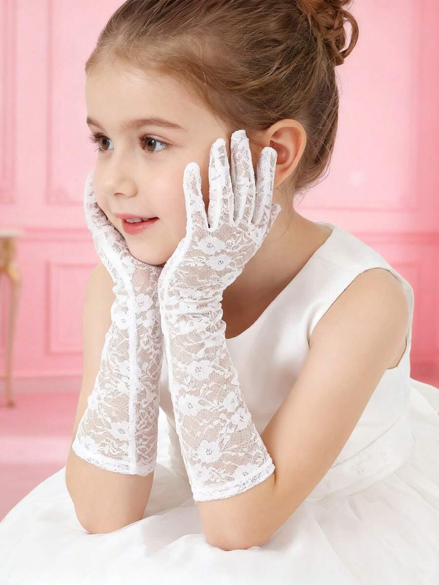 1 paire de gants de demoiselle d'honneur à fleurs en dentelle pour filles de 3 à 8 ans, gants élégants pour mariage, cérémonie et événement formel - Longue fleur en dentelle - Voir 1