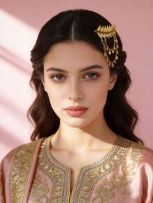 1pc Metal Rhinestone Inlaid Fashion Versatile Copper Tassel Leaf Gilded Hair Clip, Suitable For Middle Eastern Daily, Wedding, Party, Festival Wear, Bridal Accessories, Women Jewelry, New Year Gift - Yellow - View 2