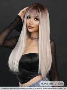 7JHH WIGS 24英寸长直发灰金色假发，混合棕色挑染，蓬松柔软，带刘海，外观自然，采用耐热合成纤维制成，美观大方，适合时尚女孩日常佩戴、动漫或角色扮演、音乐节、舞会、街头服饰等场合，也是母亲节的理想礼物。